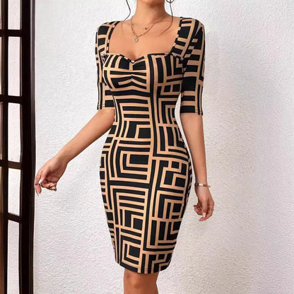 New Fashion Printed Square Collar Waist-tight Mid-sleeve Dress - Image #3