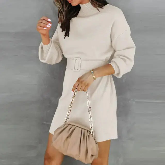 Women Turtleneck Sweater Dress with Belt - Image #11