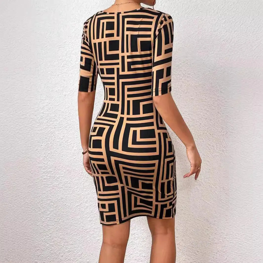 New Fashion Printed Square Collar Waist-tight Mid-sleeve Dress - Image #2