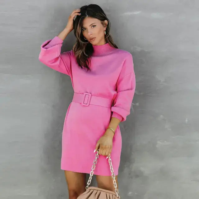 Women Turtleneck Sweater Dress with Belt - Image #3