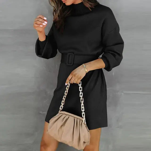 Women Turtleneck Sweater Dress with Belt - Image #14