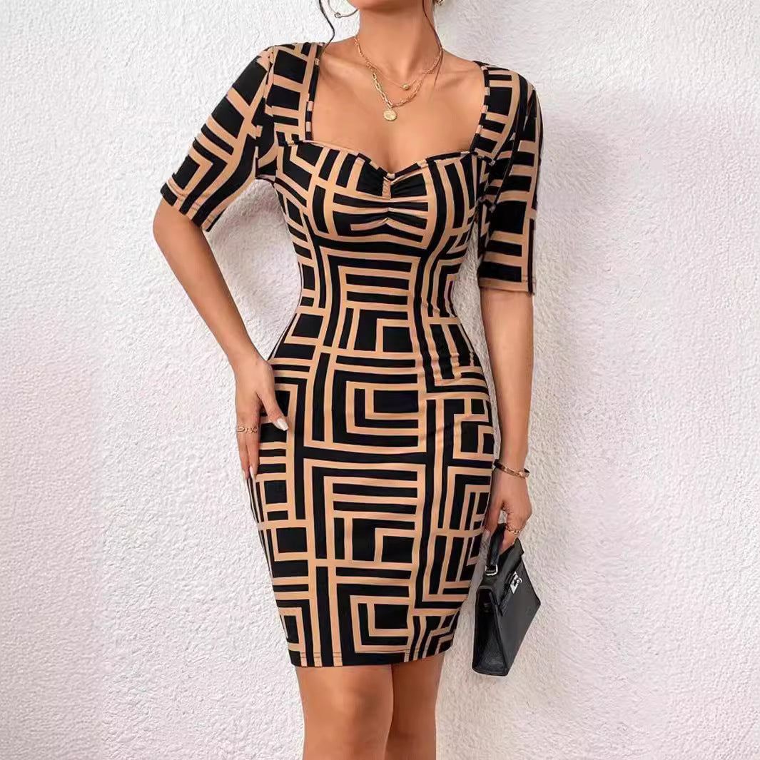 New Fashion Printed Square Collar Waist-tight Mid-sleeve Dress - PricesRgreat