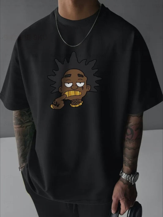 T-shirt featuring a man with locs and gold teeth.