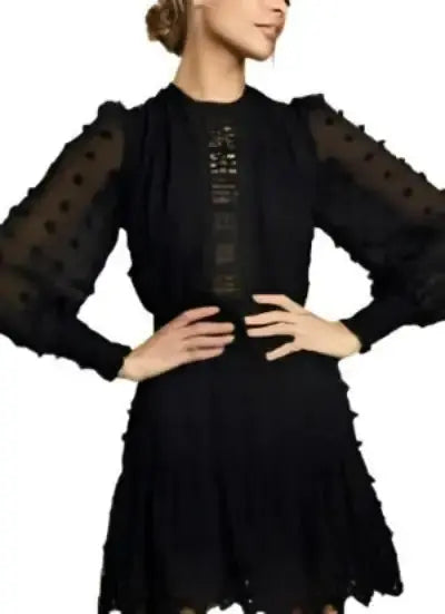 Black Embroidered Lace Long Sleeve Dress - PricesRgreat