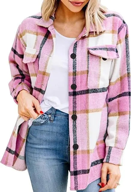 Women Flannel Long Sleeve Woolen Shirt - PricesRgreat