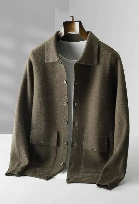 Men's polo collar wool cardigan