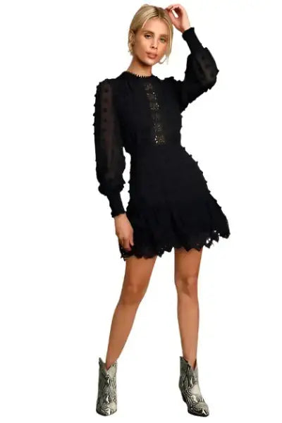 Black Embroidered Lace Long Sleeve Dress - PricesRgreat