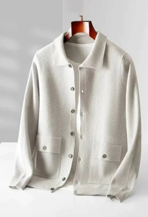 Men's polo collar wool cardigan