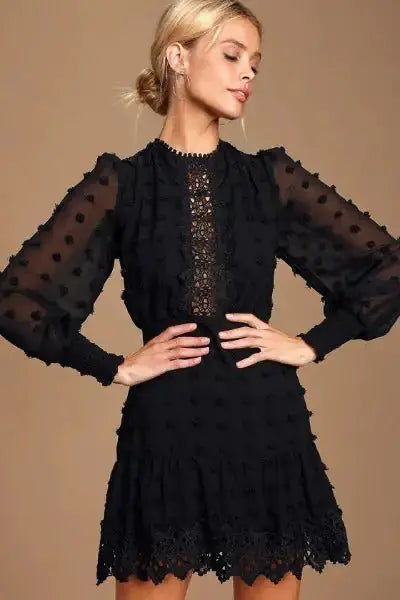 Black Embroidered Lace Long Sleeve Dress - PricesRgreat