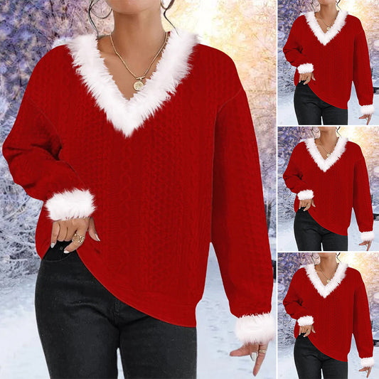 Women's furry V-neck solid color long sleeve sweater - PricesRgreat