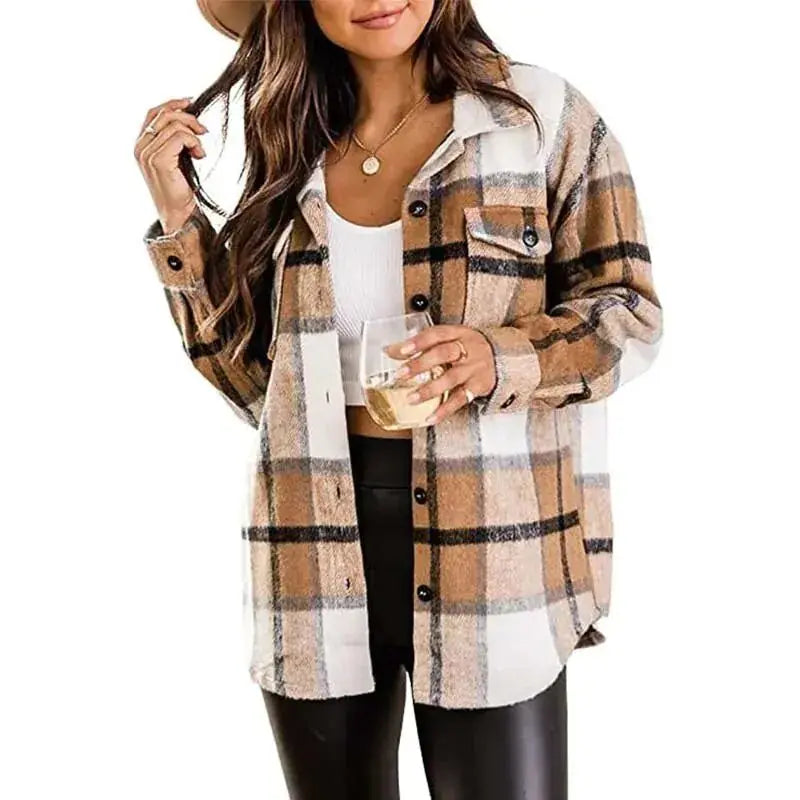 Women Flannel Long Sleeve Woolen Shirt - Image #1