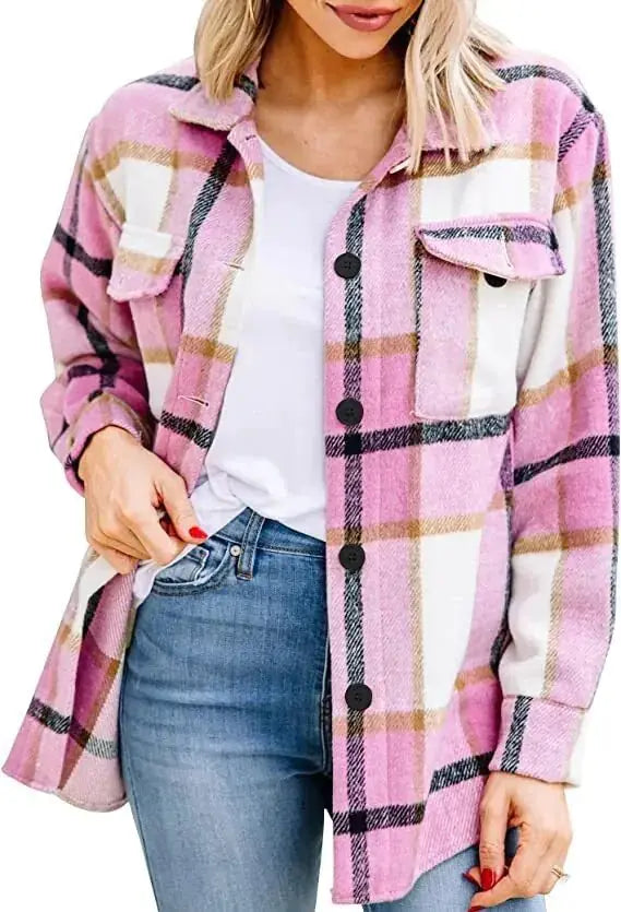 Women Flannel Long Sleeve Woolen Shirt - Image #4